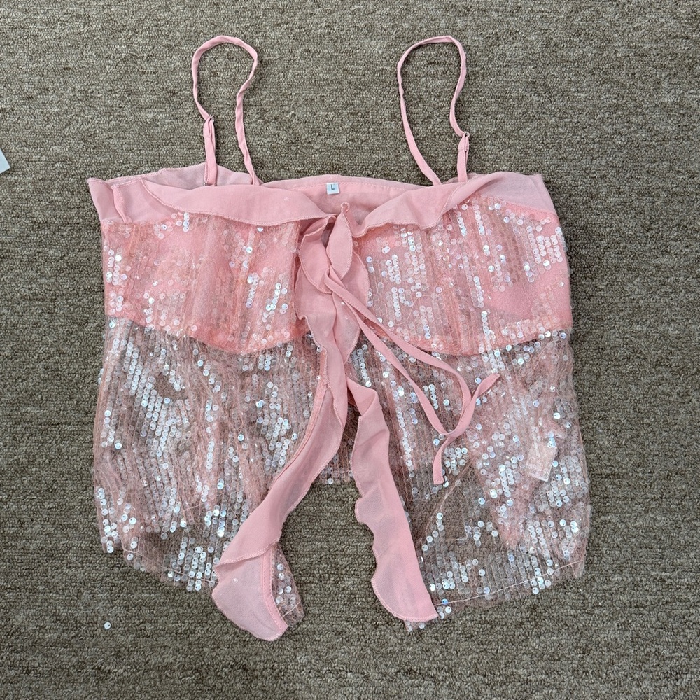 Y2K Pink Sequin Sheer Ruffle Top